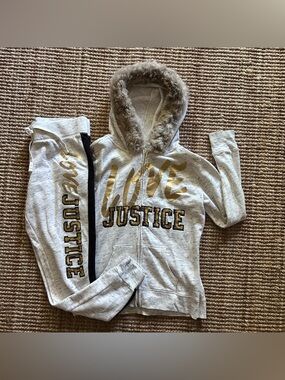 Set of Girls Justice 'Love' Fur Trim Hoodie Sweatshirt & Jogger Pants 14/16 plus